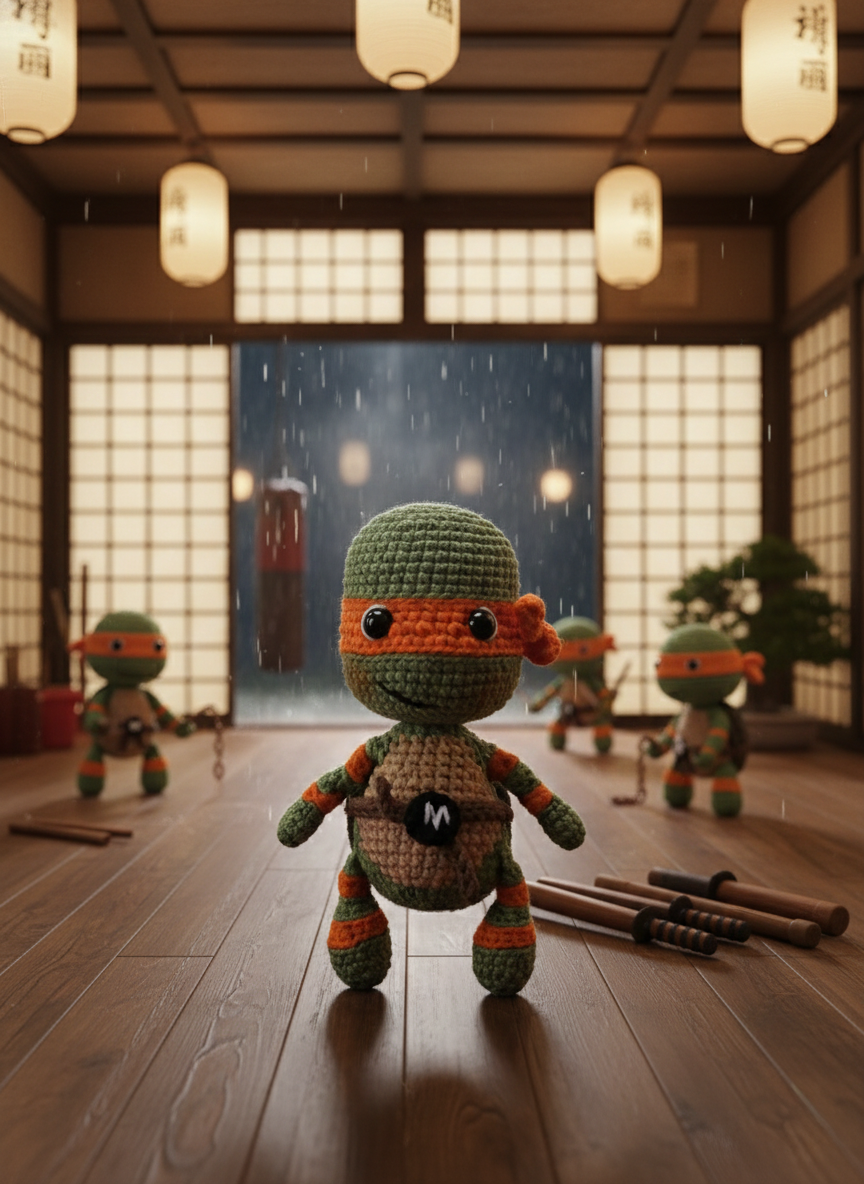 Mikko – Handgemaakte Gehaakte Ninja Schildpadpop 13cm | Uniek Heldencadeau voor Kinderen