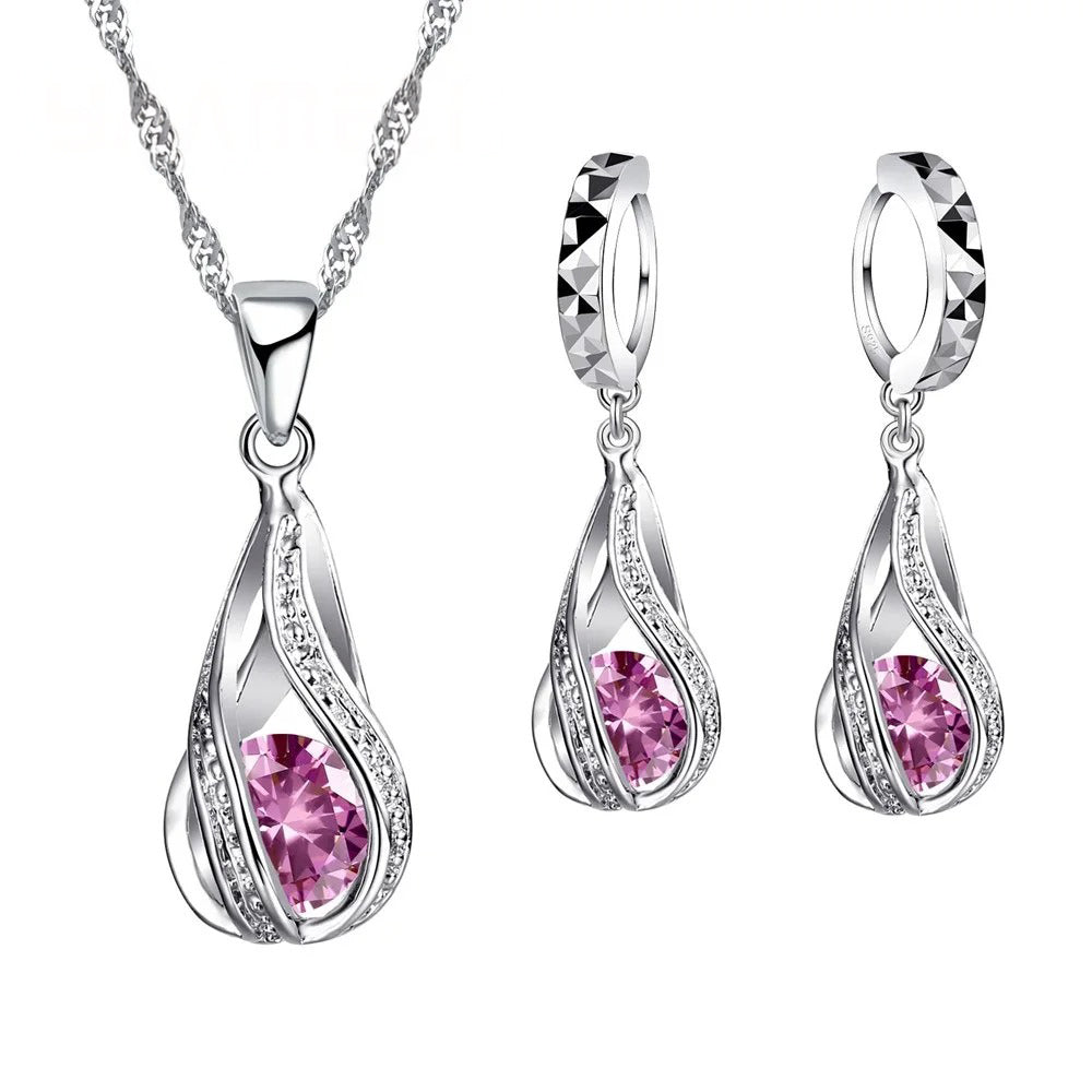 Dames Waterdruppel CZ Sieradenset | Verzilverde Ketting & Oorbellen | Elegant Cadeau