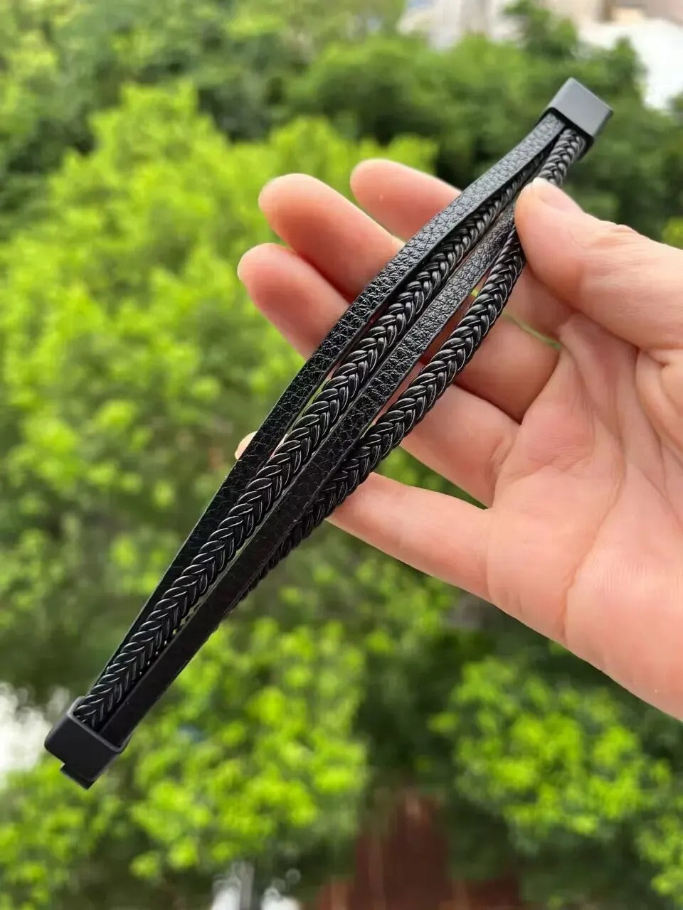 Heren Multi-Laags Gevlochten Leren Armband | Strakke Zwarte Manchet | Magnetische Sluiting