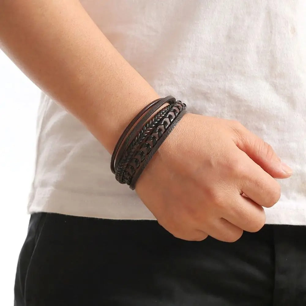Heren Multi-Laags Leren Armband | Gevlochten Ketting Design | Magnetische Sluiting | Streetwear