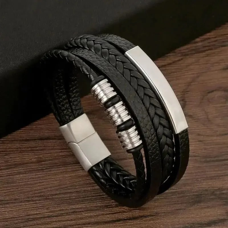 Heren Multi-Laags Gevlochten Leren Armband | Zwart & Goud Punk | Zinklegering Accenten
