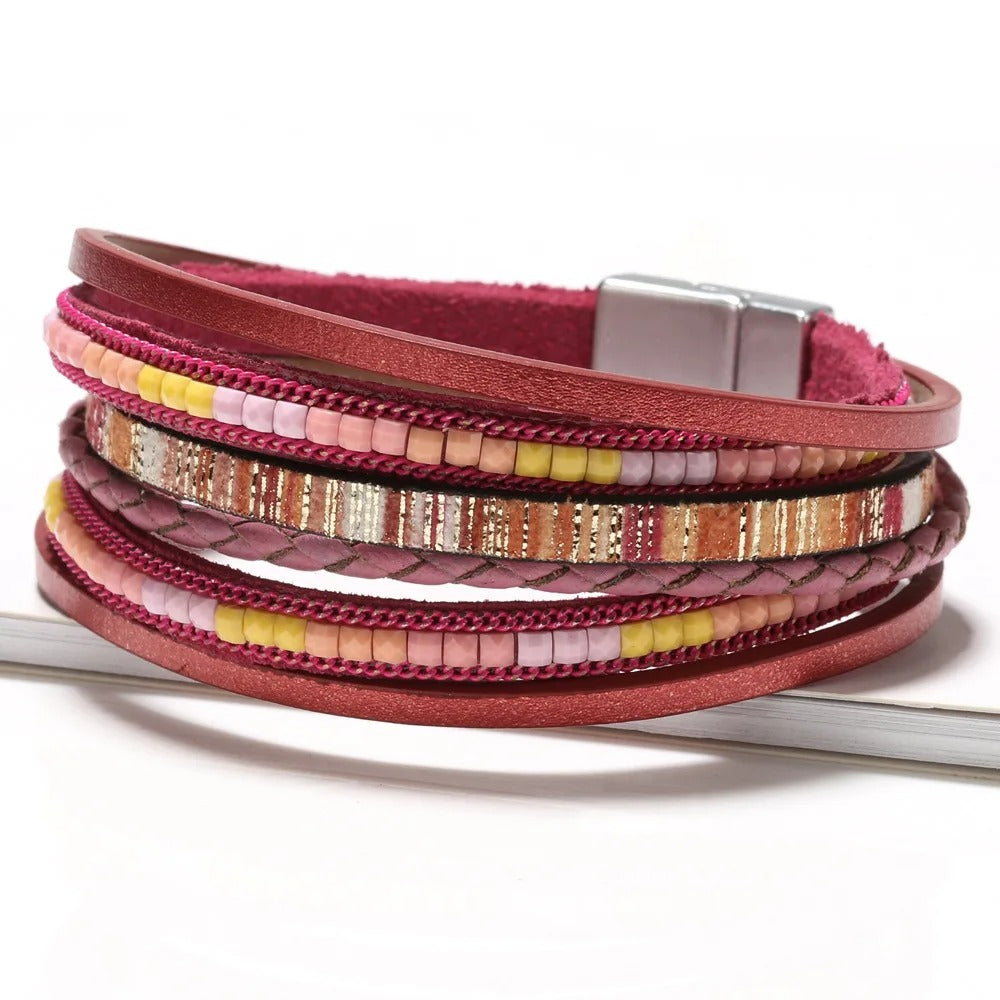 Dames Boho Multi-Laags Leren Wrap Armband | Handgeweven Magnetische Sluiting | Aardse Stijl