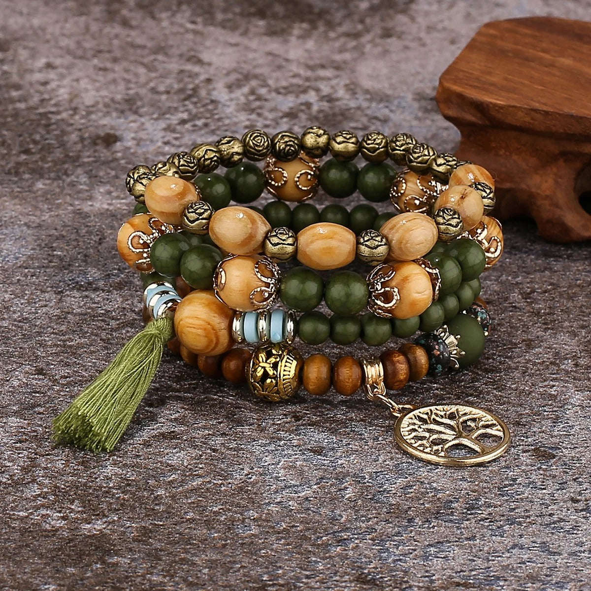 Dames Boho Levensboom Kralen Armband Set | Handgemaakte Houten Kralen | Gelaagde Stapel