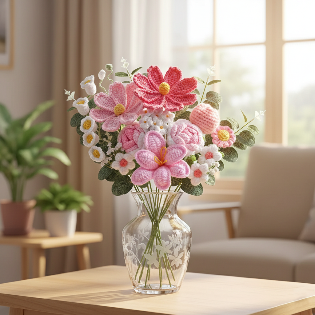 Premium gehaakt bloemenboeket – handgemaakte roze gelukzaligheid