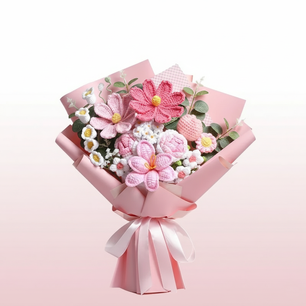 Premium gehaakt bloemenboeket – handgemaakte roze gelukzaligheid