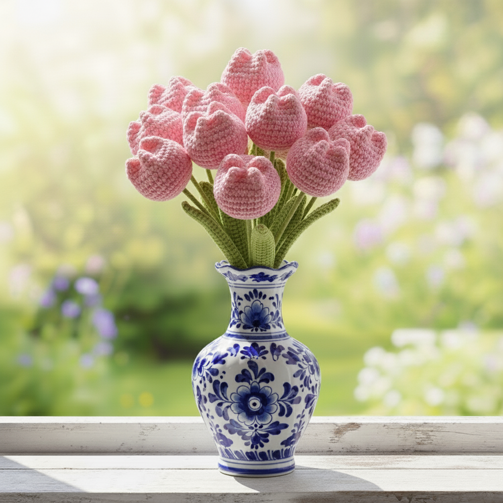 1x🌷 Sweet Rosy Pink Tulip – Premium Handcrafted Crochet Flower