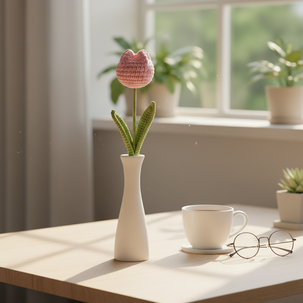 1x🌷 Sweet Rosy Pink Tulip – Premium Handcrafted Crochet Flower