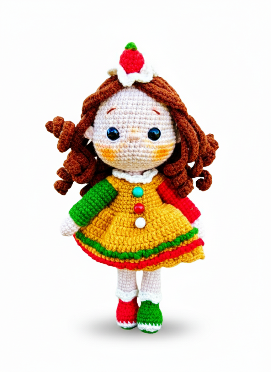 Ginger – Handgemaakte Gehaakte Peperkoekenmeisje Pop 25cm | Uniek Kerstcadeau