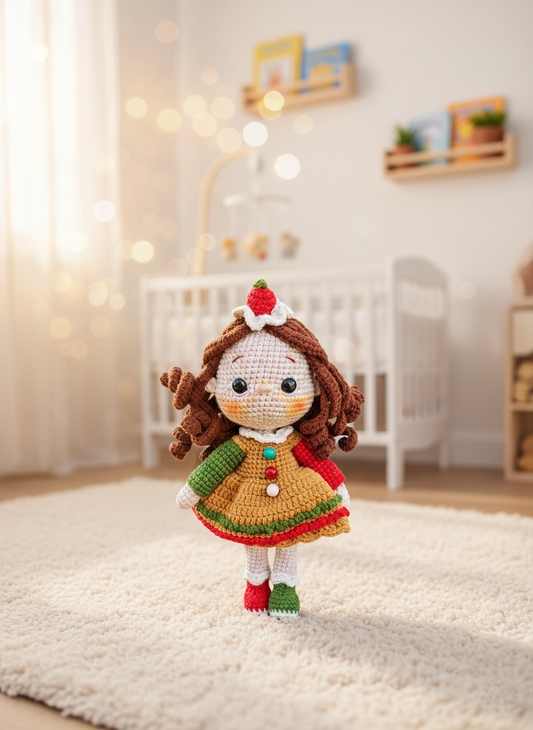 Ginger – Handgemaakte Gehaakte Peperkoekenmeisje Pop 25cm | Uniek Kerstcadeau