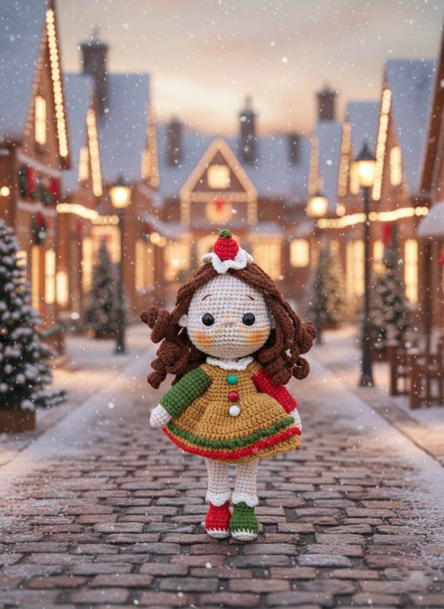Ginger – Handgemaakte Gehaakte Peperkoekenmeisje Pop 25cm | Uniek Kerstcadeau