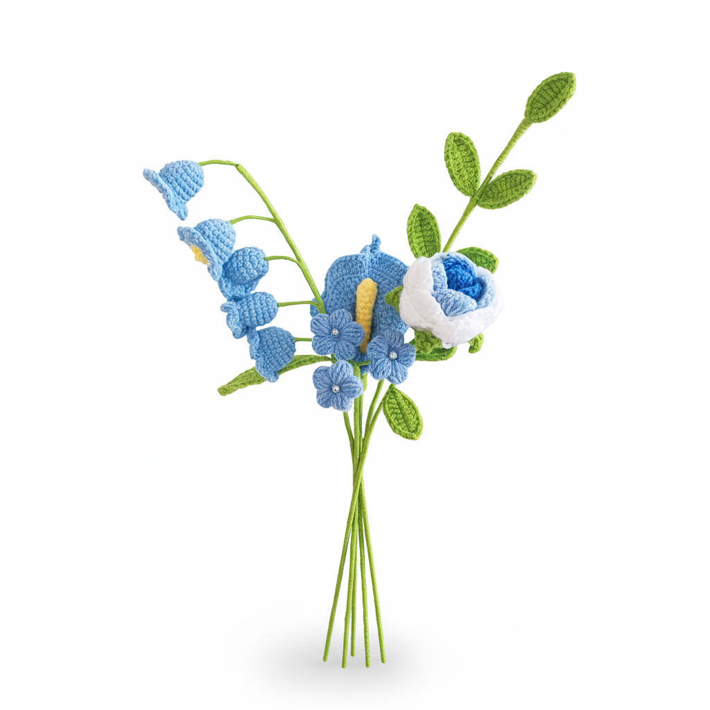 Handgemaakte Gehaakte Bloemenboeket Blauw Wit – Premium 5-delig Cadeau | Eeuwige Bloemen van Teeny Weeny