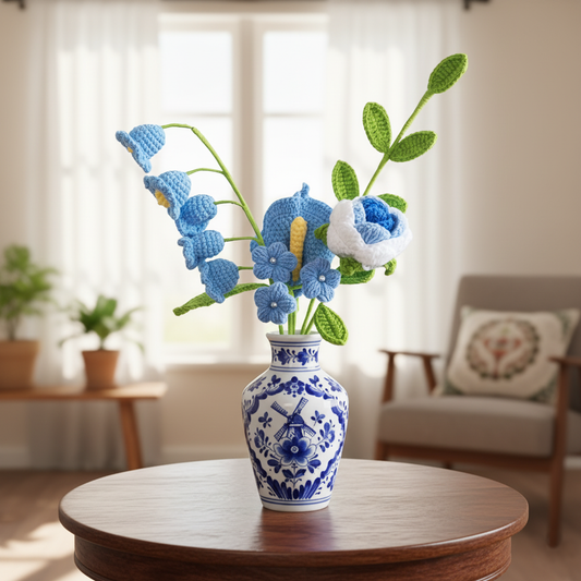 Handgemaakte Gehaakte Bloemenboeket Blauw Wit – Premium 5-delig Cadeau | Eeuwige Bloemen van Teeny Weeny