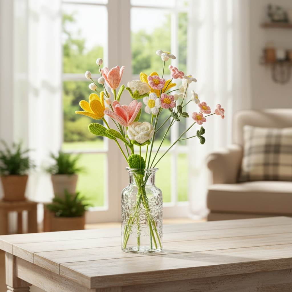 Handgemaakte Gehaakte Bloemenboeket Lente Pastel – Premium 6-delig Cadeau
