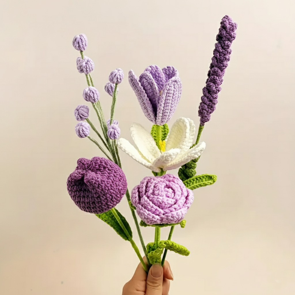 Handgemaakte Gehaakte Bloemenboeket Violet Paars – Premium 6-delig Cadeau