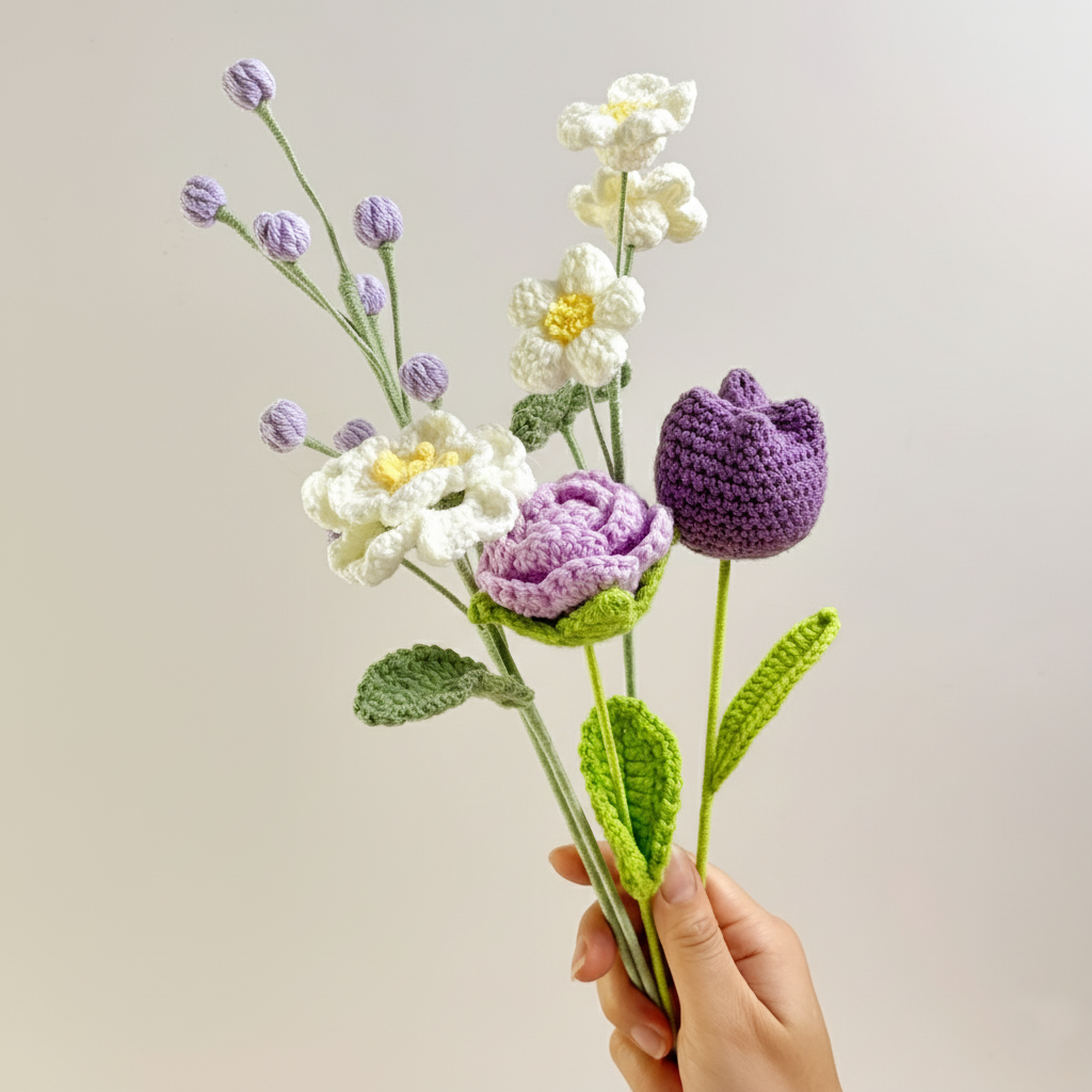 Handgemaakte Gehaakte Bloemenboeket Wit Paars – Premium 5-delig Gelukscadeau van Teeny Weeny