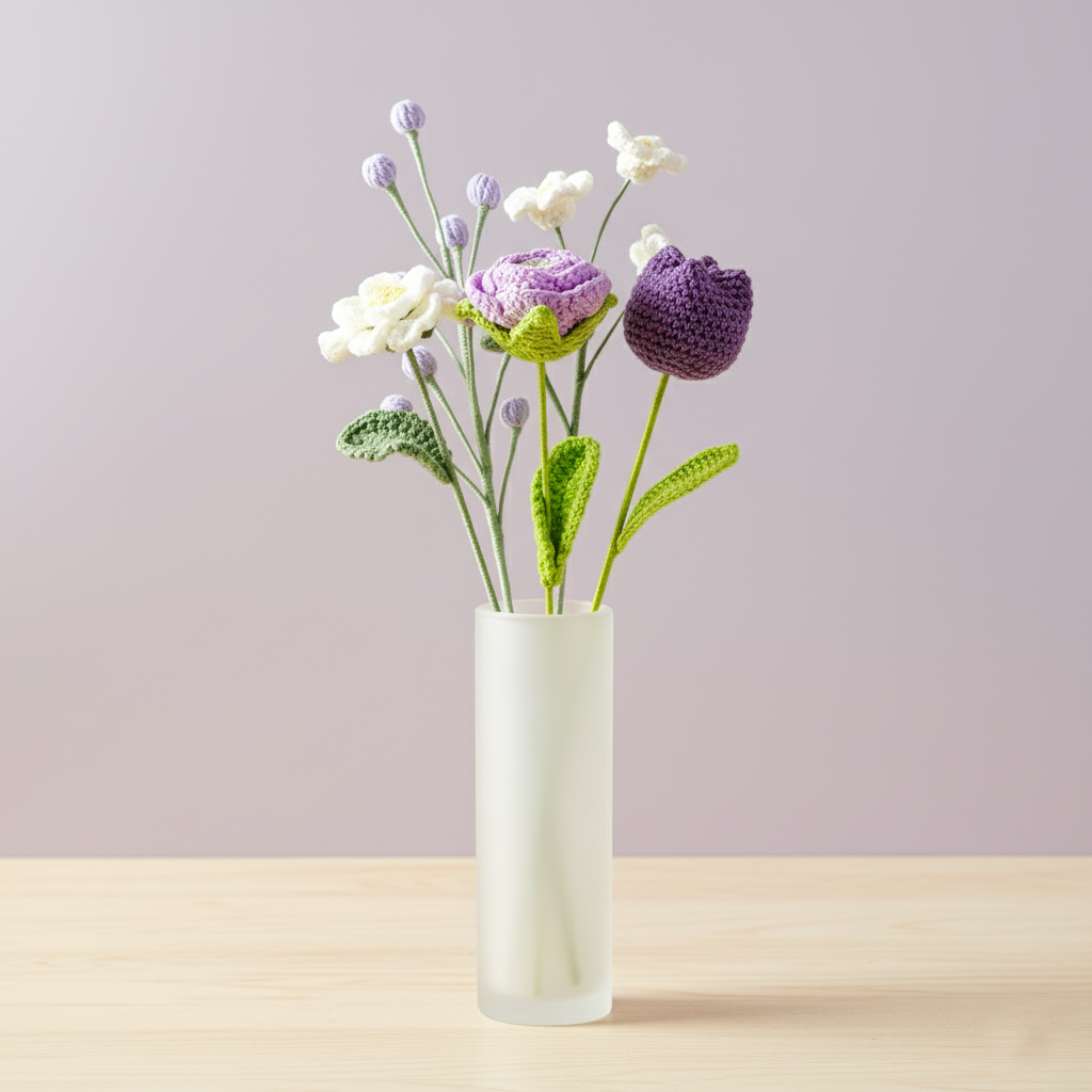 Handgemaakte Gehaakte Bloemenboeket Wit Paars – Premium 5-delig Gelukscadeau van Teeny Weeny