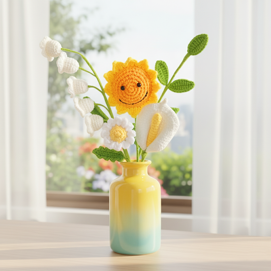 Handgemaakte Gehaakte Bloemenboeket Zonnig Geel – Uniek Vrolijk Cadeau van Teeny Weeny