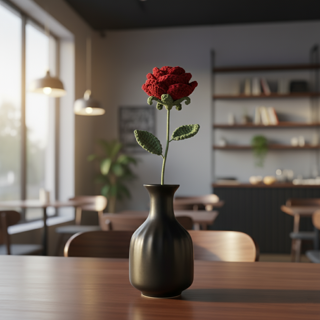 Handgemaakte Gehaakte Roos Rood Karmozijn – Premium Kunstbloem | Romantisch Cadeau
