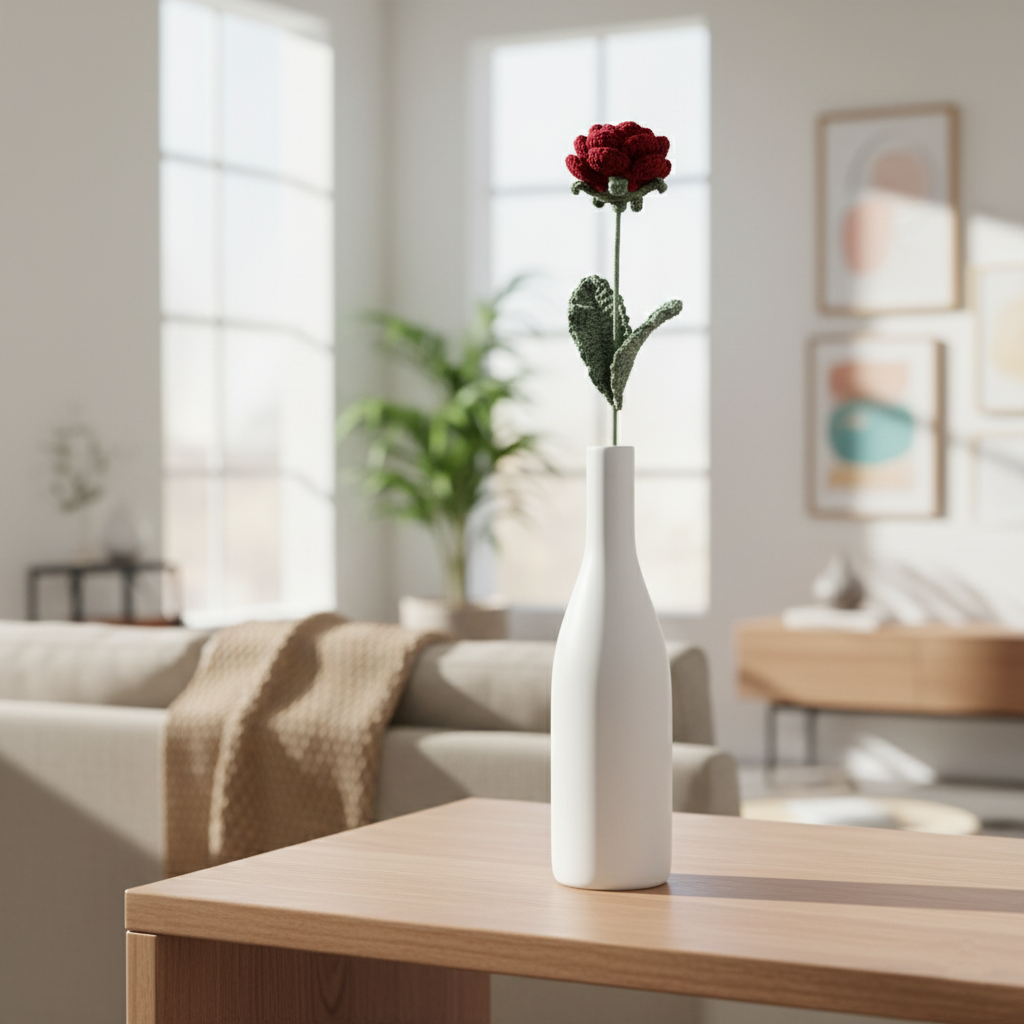 Handgemaakte Gehaakte Roos Rood Karmozijn – Premium Kunstbloem | Romantisch Cadeau
