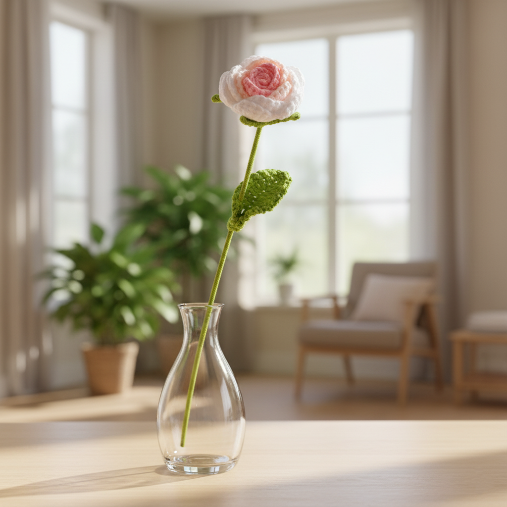 Handgemaakte gehaakte roos roze en wit – romantisch cadeau van Teeny Weeny