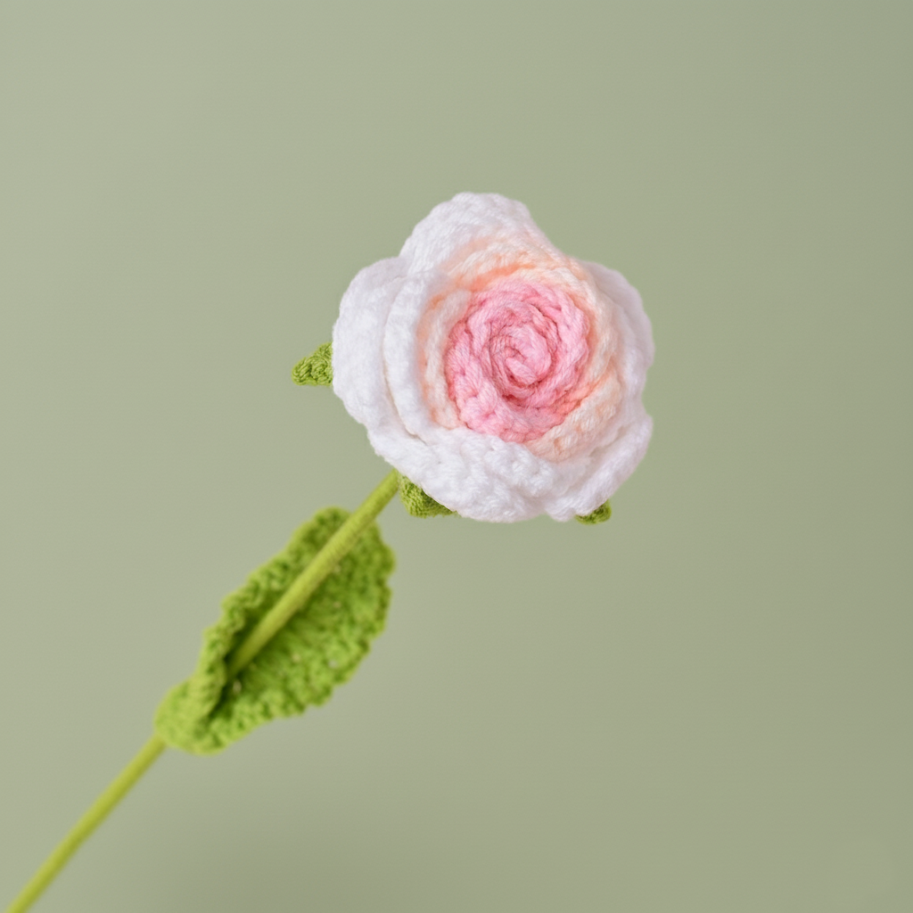Handgemaakte Gehaakte Roos Roze Wit – Premium Kunstbloem | Romantisch Cadeau