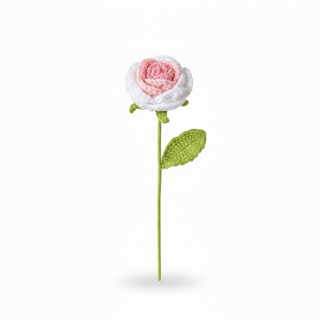 Handgemaakte Gehaakte Roos Roze Wit – Premium Kunstbloem | Romantisch Cadeau
