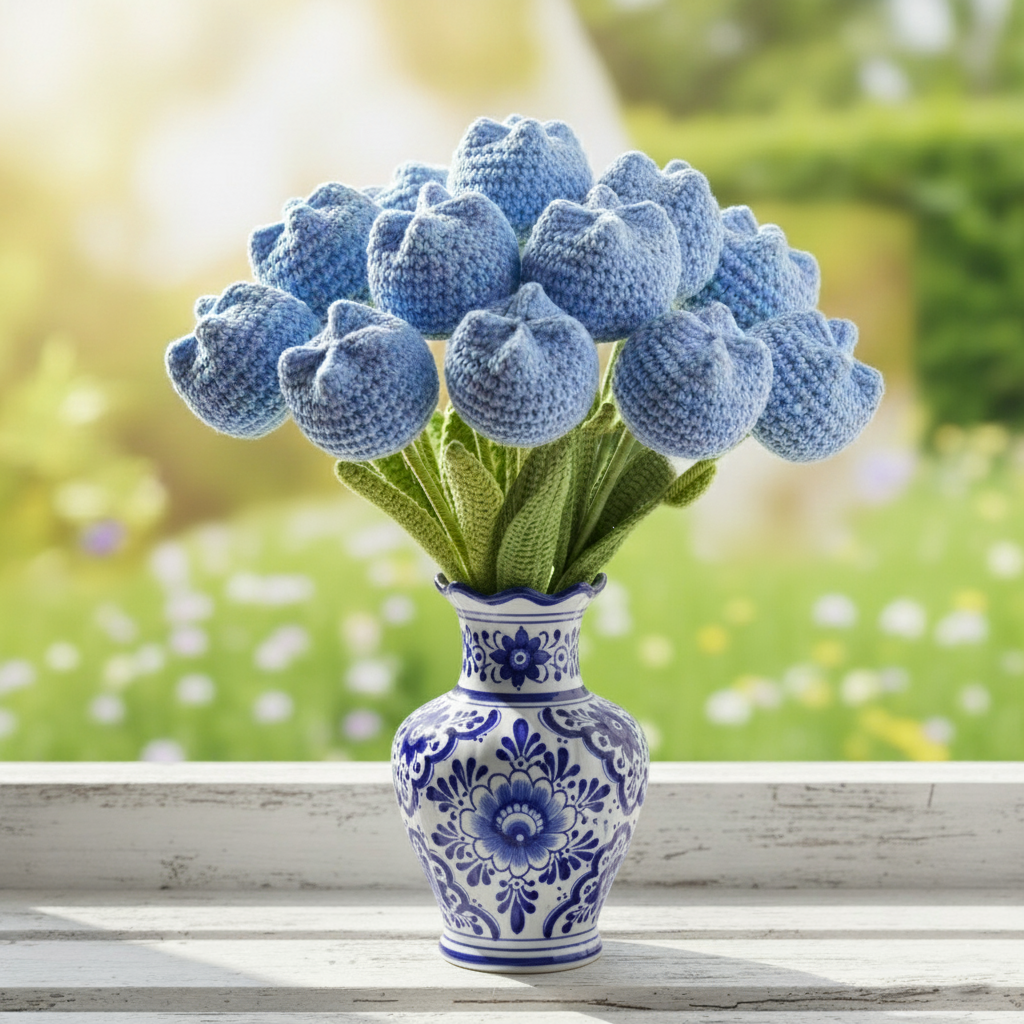 Handgemaakte Gehaakte Tulp Blauw – Premium Kunstbloem | Uniek Cadeau
