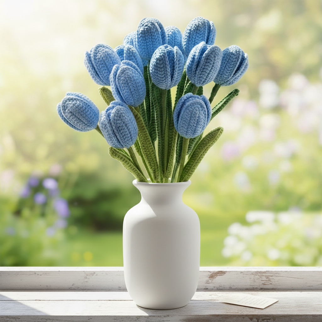 Handgemaakte Gehaakte Tulp Hemelblauw – Premium Kunstbloem | Uniek Cadeau
