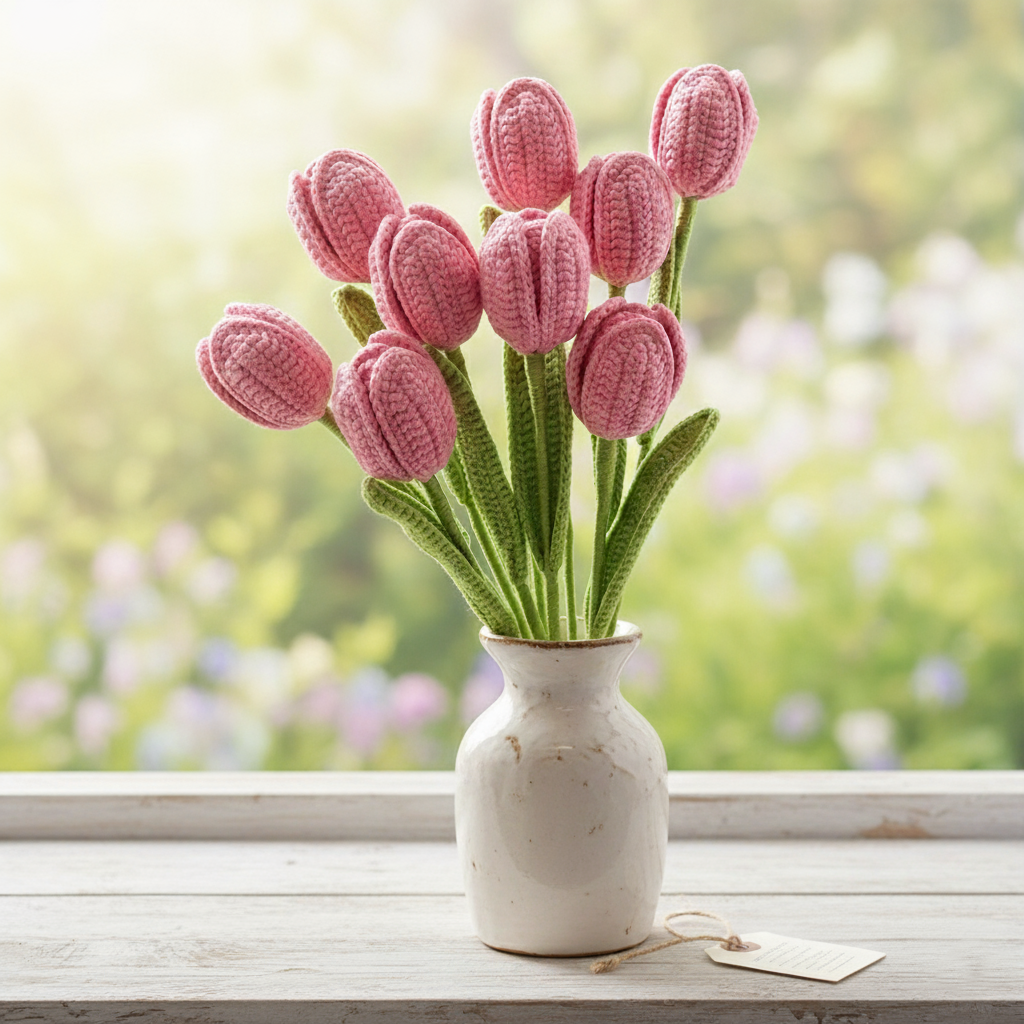 Handgemaakte Gehaakte Tulp Lichtroze – Kunstbloem | Uniek Cadeau
