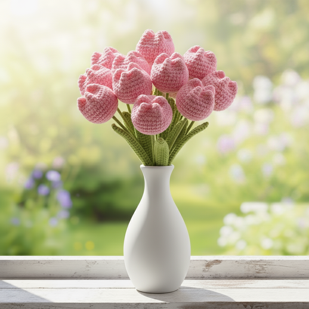 Handgemaakte Gehaakte Tulp Roze – Premium Kunstbloem | Uniek Cadeau
