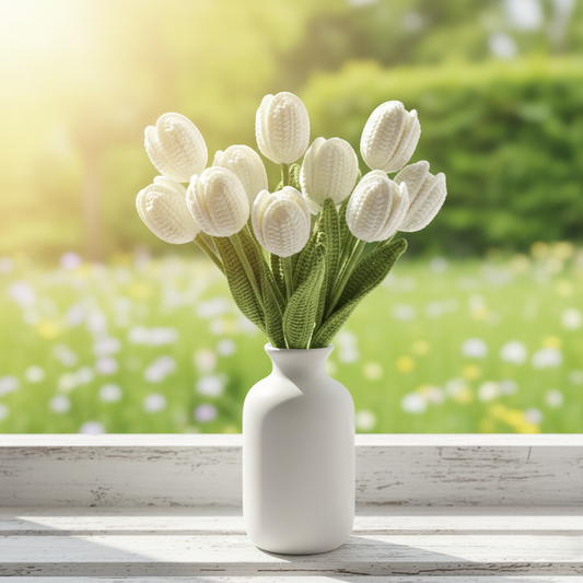Handgemaakte Gehaakte Tulp White Marvel – Premium Kunstbloem | Cadeau