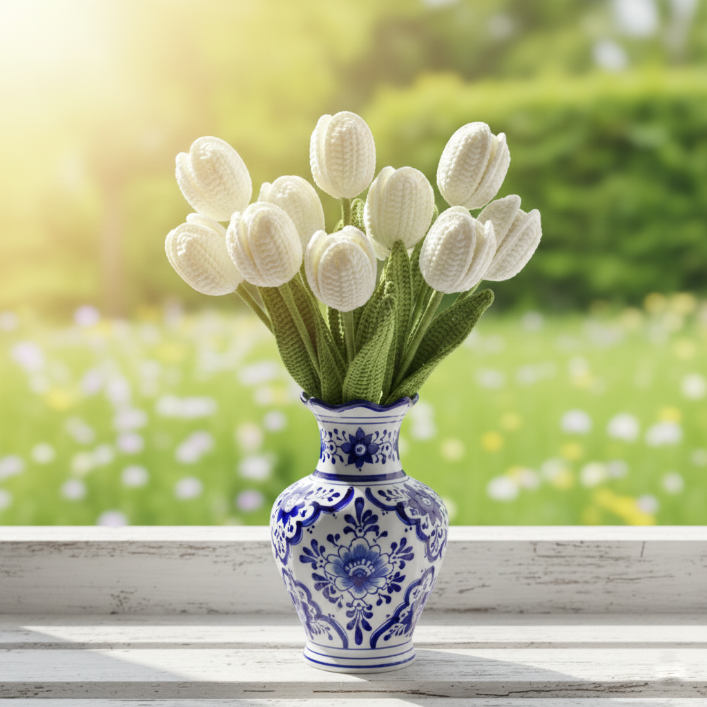 Handgemaakte Gehaakte Tulp White Marvel – Premium Kunstbloem | Cadeau