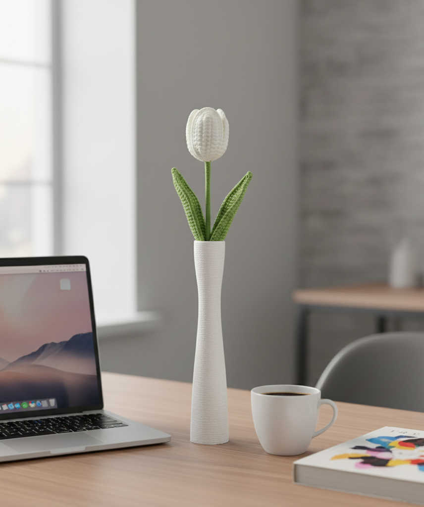 Handgemaakte Gehaakte Tulp White Marvel – Premium Kunstbloem | Cadeau