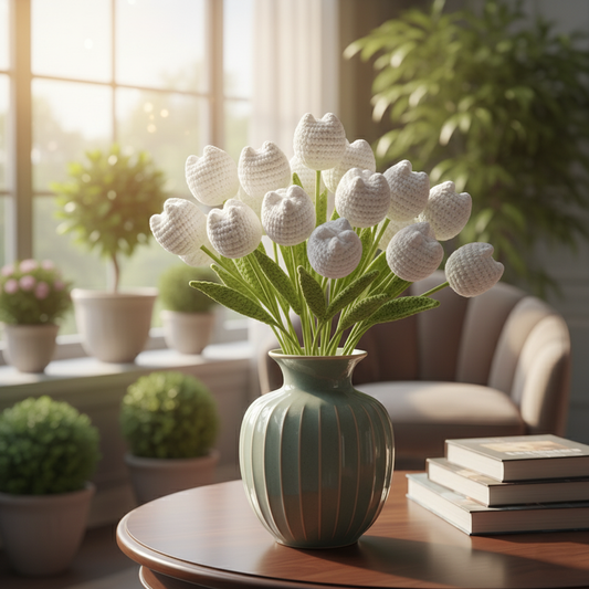 Handgemaakte Gehaakte Tulp Wit – Premium Kunstbloem | Elegant Cadeau
