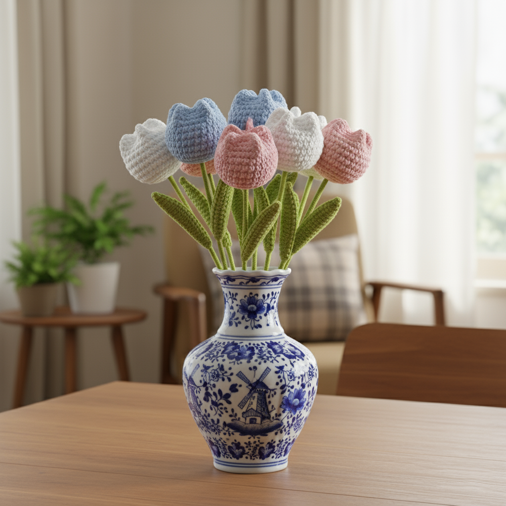 Handgemaakte Gehaakte Tulpenboeket 6 stuks Blauw Wit Roze | Uniek Woondecor Cadeau van Teeny Weeny