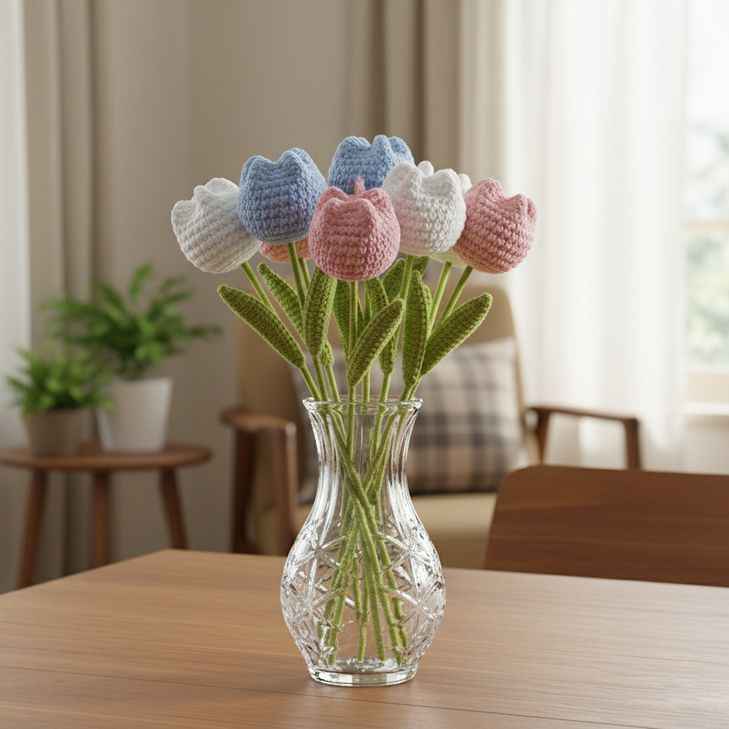 Handgemaakte Gehaakte Tulpenboeket 6 stuks Blauw Wit Roze | Uniek Woondecor Cadeau van Teeny Weeny