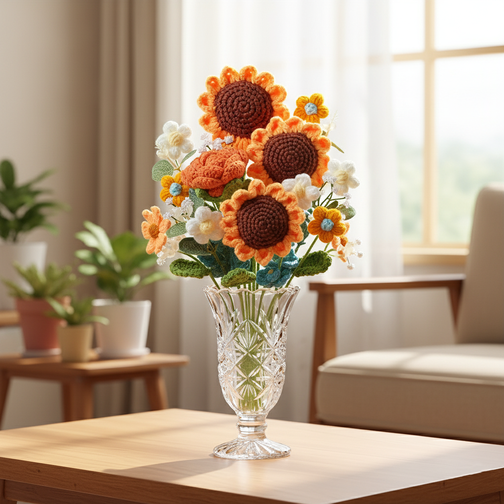 Handgemaakte Gehaakte Zonnebloemenboeket Geel – Premium Cadeau | Eeuwige Bloemen van Teeny Weeny