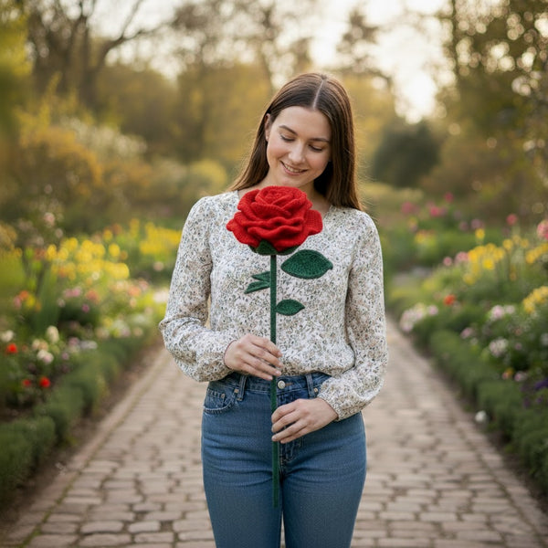 Handgemaakte XXL Gehaakte Roos Rood 70cm – Eeuwige Liefde Cadeau | Valentijnsdag van Teeny Weeny