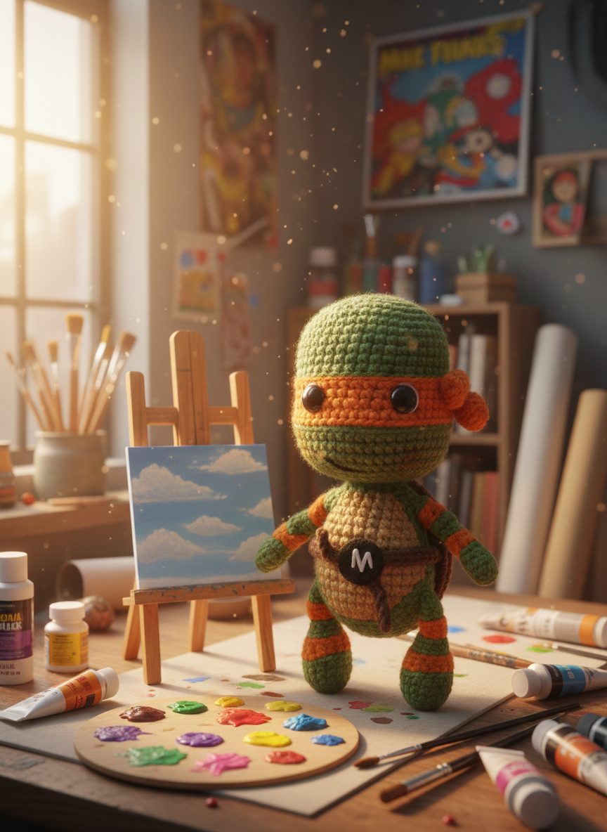 Mikko – Handgemaakte Gehaakte Ninja Schildpadpop 13cm | Uniek Heldencadeau voor Kinderen
