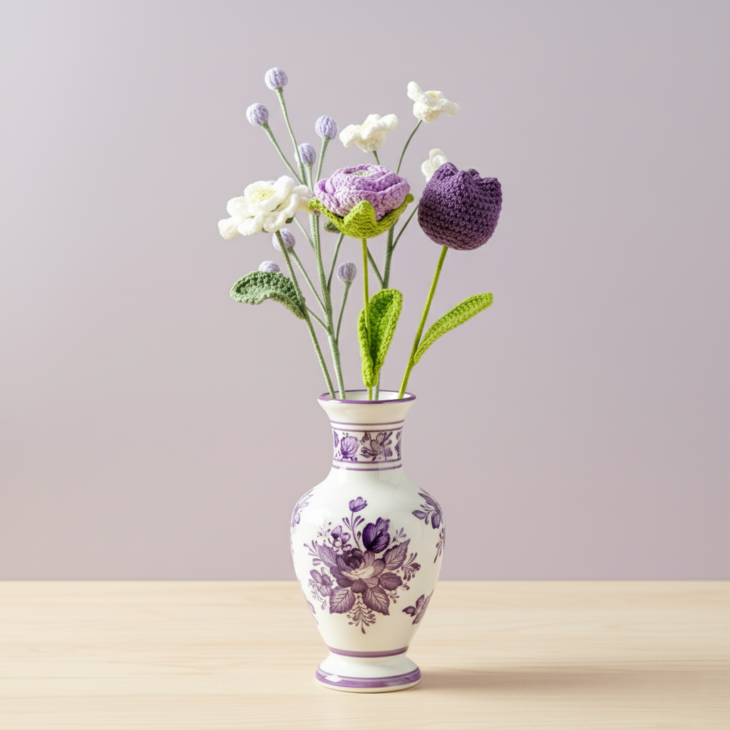 Lucky Blooms - Premium White & Purple Crochet Flowers