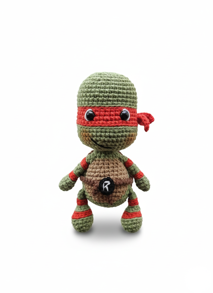 Rokki – Handgemaakte Gehaakte Ninja Schildpadpop 13cm | Uniek Heldencadeau voor Kinderen