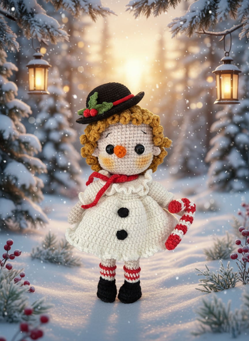 Snowbelle – Handgemaakte Gehaakte Sneeuwmanpop 21cm | Uniek Wintercadeau