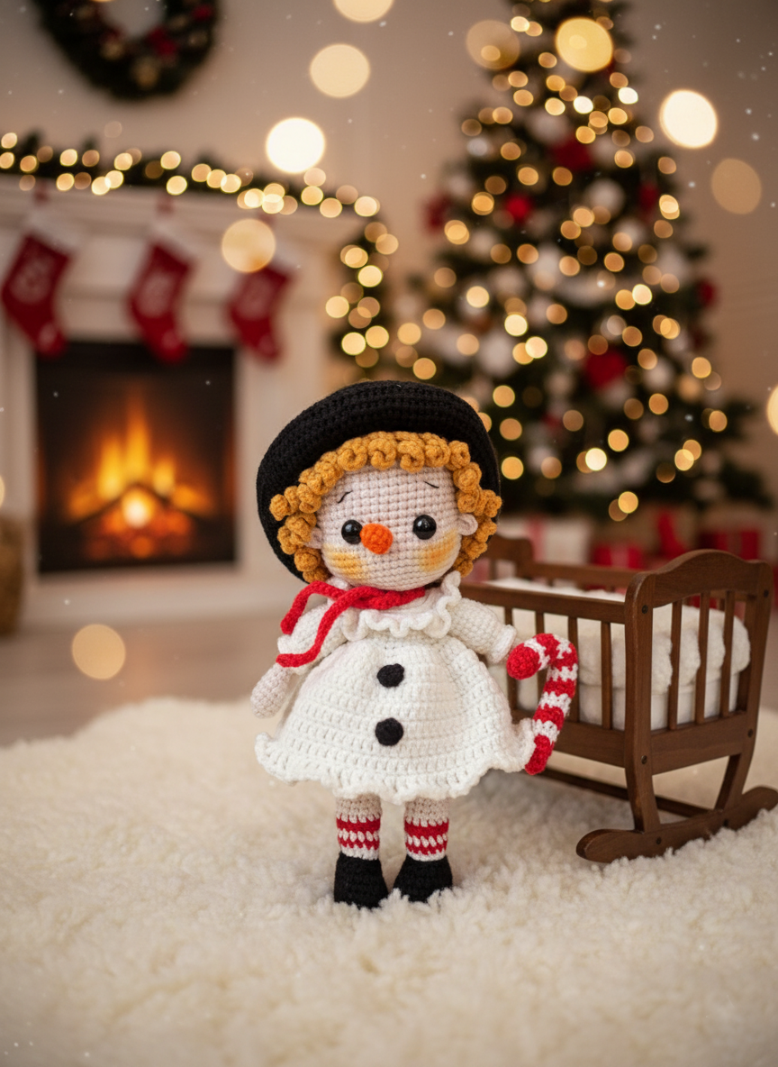 Snowbelle – Handgemaakte Gehaakte Sneeuwmanpop 21cm | Uniek Wintercadeau