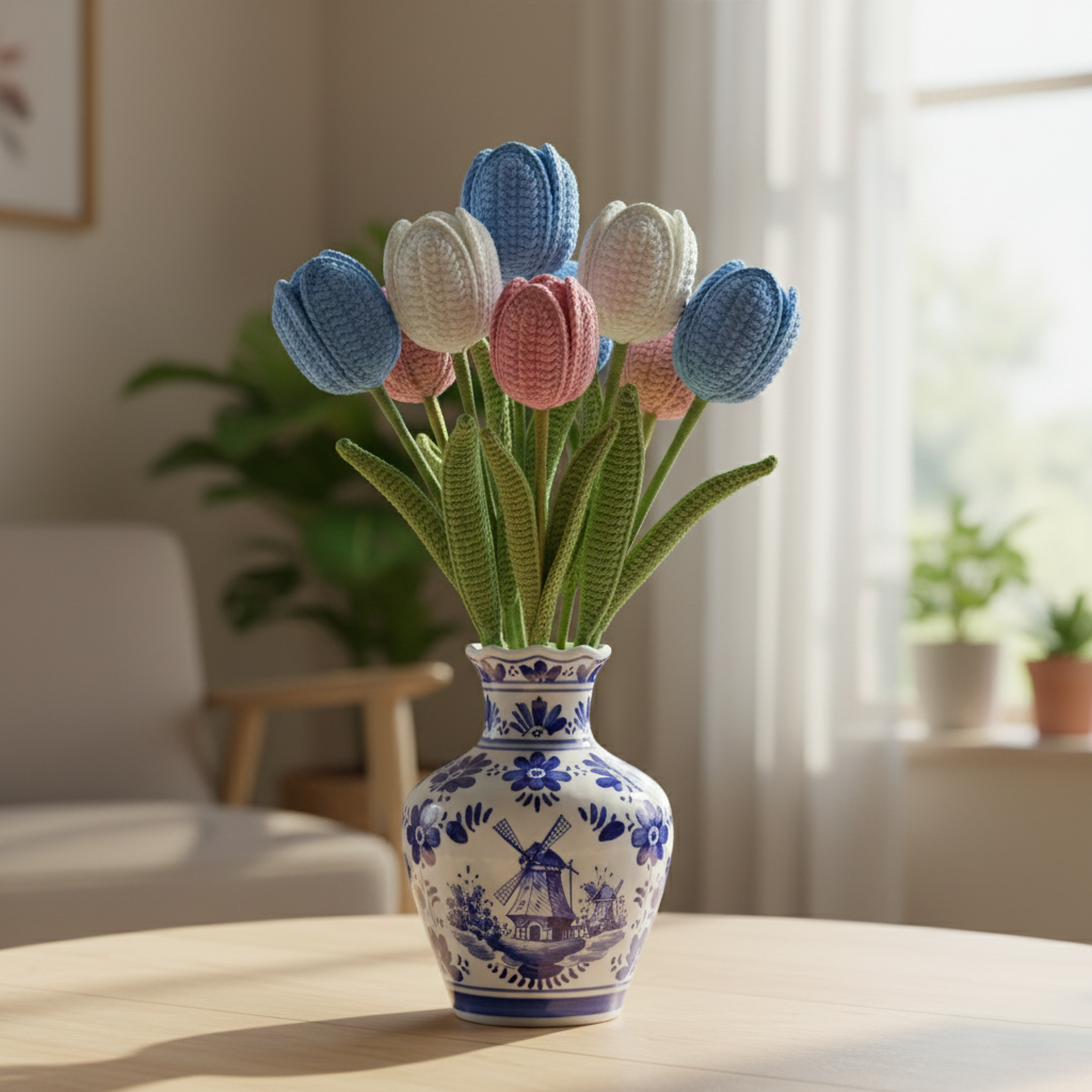 6x Blauw, Wit en Roze Gehaakt Tulpenboeket voor Huis- en Cadeaudecoratie