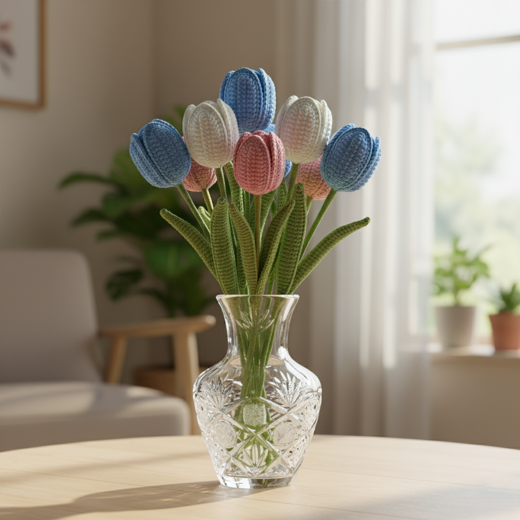 6x Blauw, Wit en Roze Gehaakt Tulpenboeket voor Huis- en Cadeaudecoratie