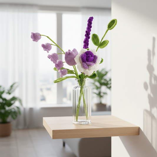 Handgemaakte gehaakte bloemenboeket in paars en lavendel – uniek cadeau van Teeny Weeny
