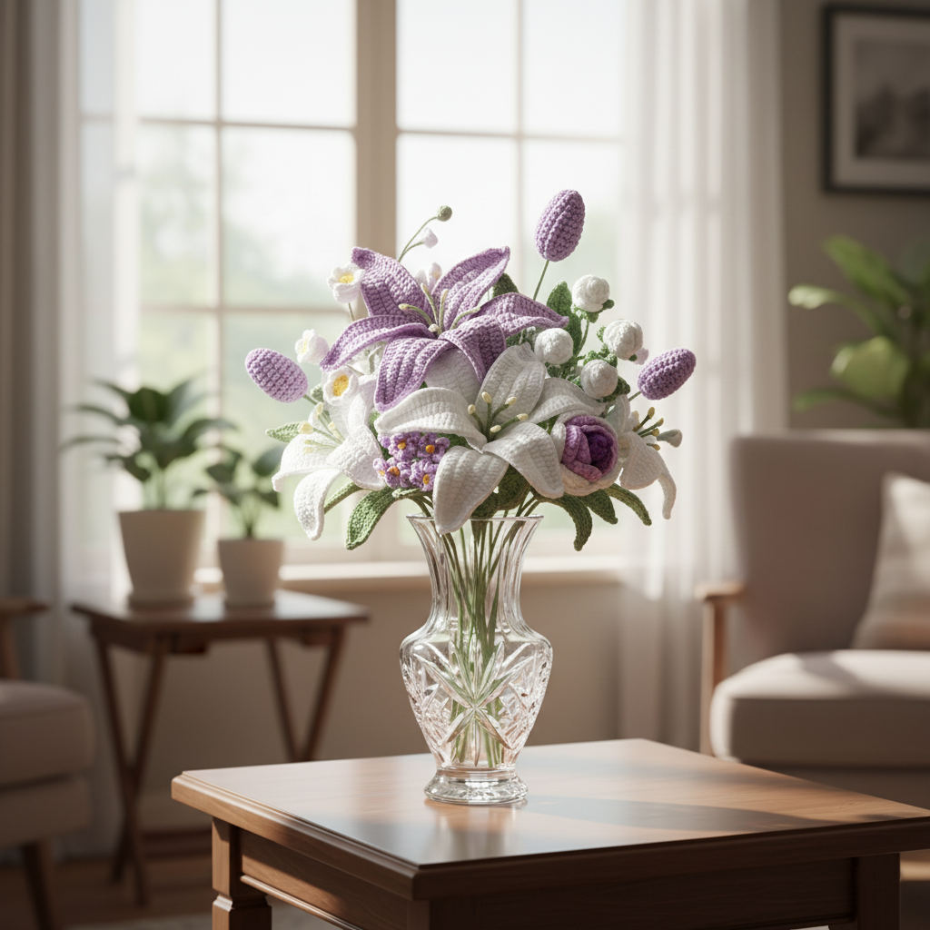 Handgemaakte gehaakte bloemenboeket paars en wit – elegant cadeau van Teeny Weeny