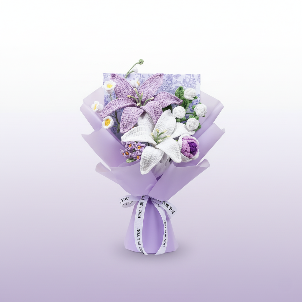 Handgemaakte gehaakte bloemenboeket paars en wit – elegant cadeau van Teeny Weeny