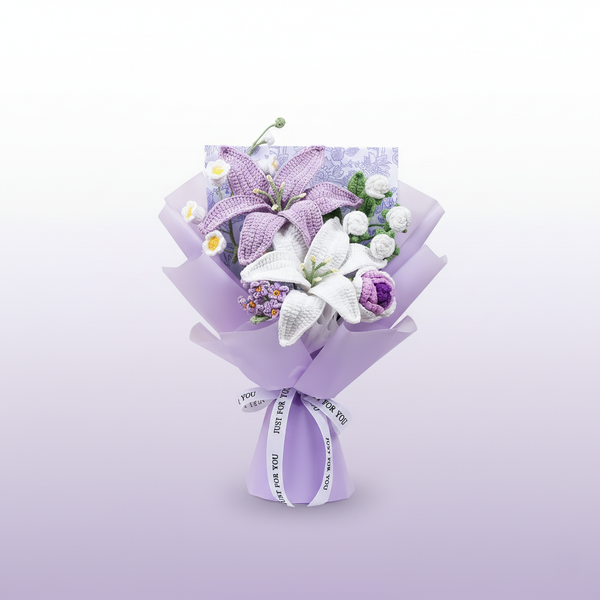 Handgemaakte gehaakte bloemenboeket paars en wit – elegant cadeau van Teeny Weeny