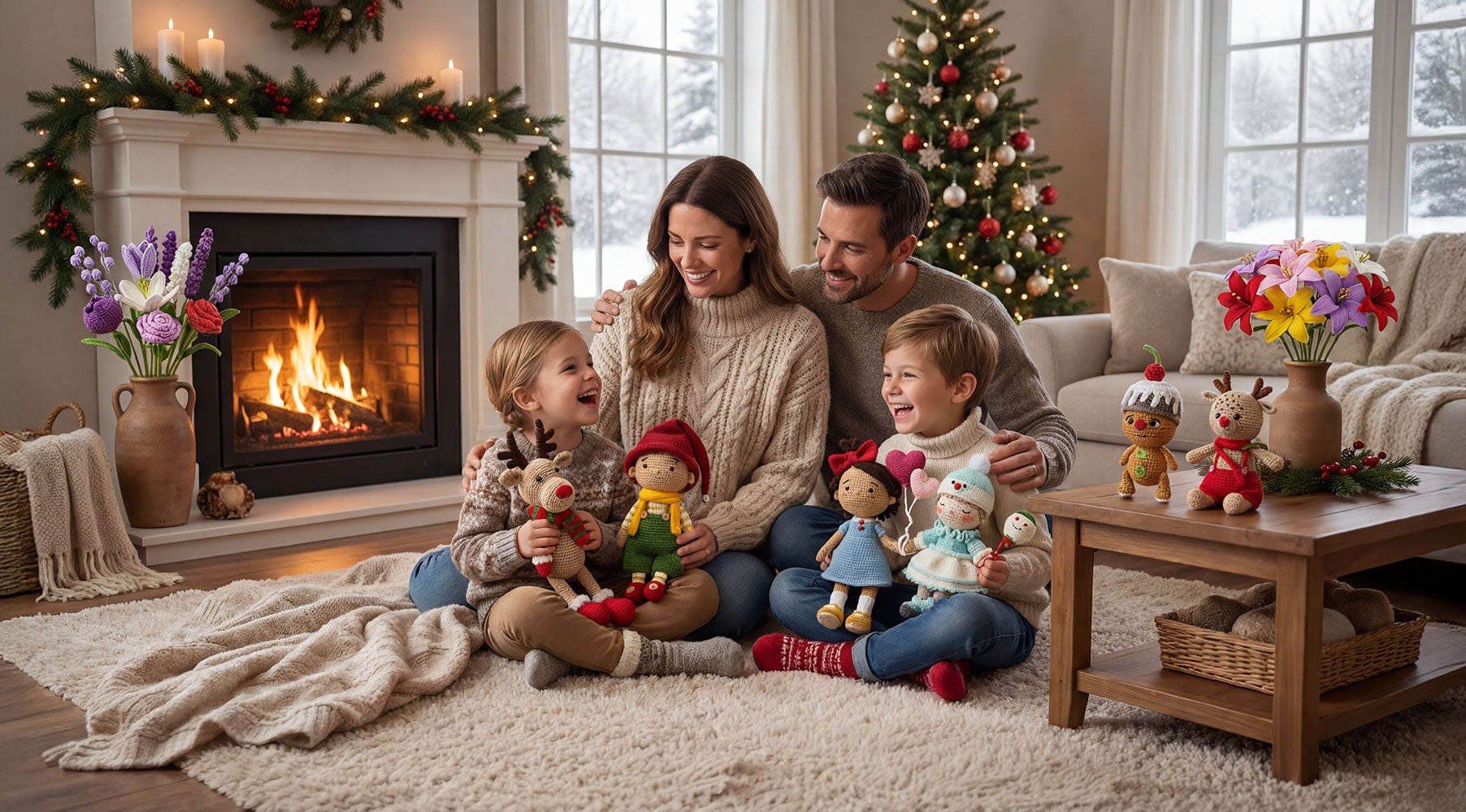 Gezin geniet van handgemaakte gehaakte poppen en bloemen tijdens Kerstmis — Teeny Weeny